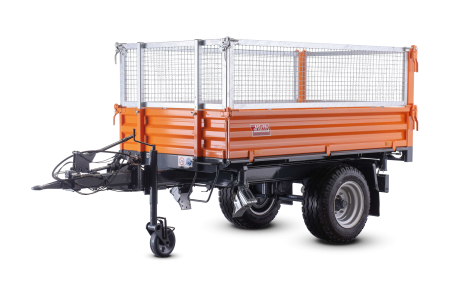 Robuster Einachser Lkw-Kippanhänger von Hirth Fahrzeugbau mit orangefarbener Bordwand und Gitteraufsatz,