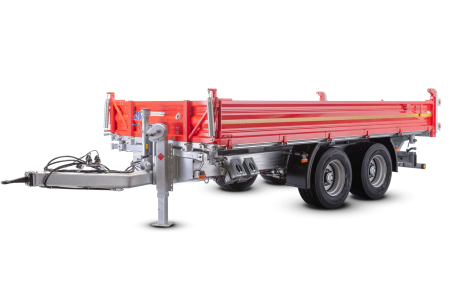 Robuster Tandem Lkw-Kippanhänger von Hirth Fahrzeugbau mit rot lackierter Bordwand