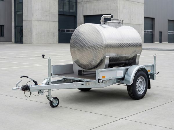 verzinkter PKW-Anhänger, beladen mit einem großen, strukturierten Edelstahl-Tank
