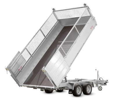 Tandem Dreiseitenkipper-Anhänger von HIRTH mit Gitteraufsatz, verzinkter Stahlkonstruktion und gekippter Ladefläche