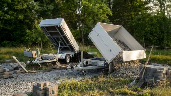 Zwei Dreiseitenkipper mit gekippter Ladefläche auf einer Gartenbaustelle