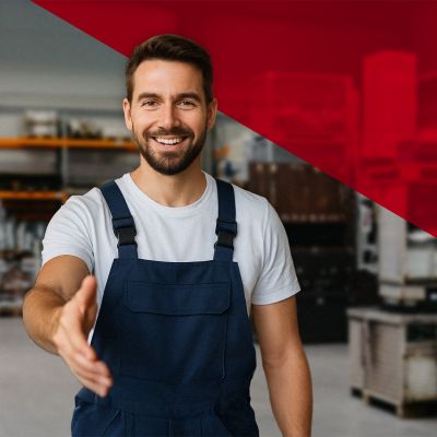 Mechaniker in Werkstatt streckt zur Begrüßung die Hand aus und lädt zum Anhänger-Service bei HIRTH ein