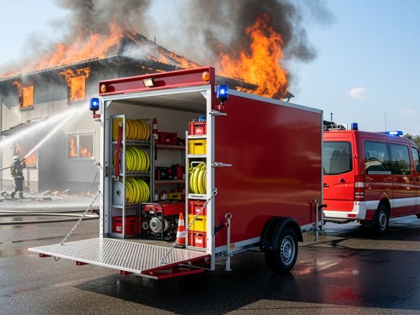 Roter Kofferanhänger mit geöffneter Auffahrrampe und blauer Warnleuchte vor einem modernen Industriegebäude