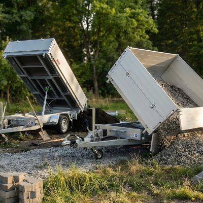 Zwei Dreiseitenkipper mit gekippter Ladefläche auf einer Gartenbaustelle