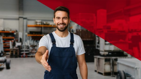 Mechaniker in Werkstatt streckt zur Begrüßung die Hand aus und lädt zum Anhänger-Service bei HIRTH ein