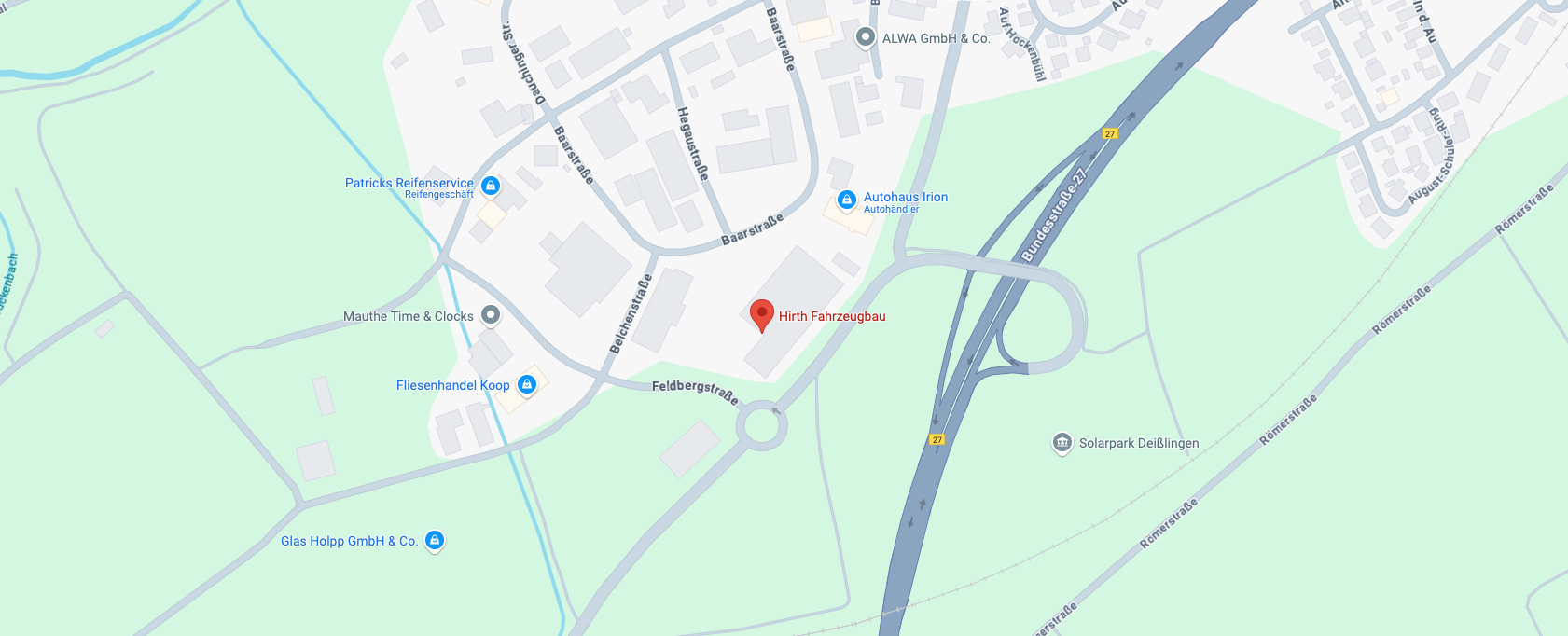 Anfahrtskarte zum Standort von Hirth Fahrzeugbau in der Feldbergstraße 2, 78652 Deißlingen